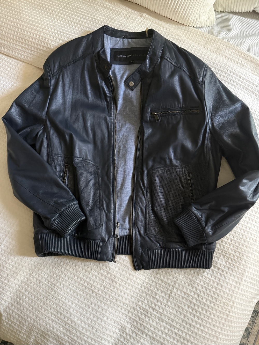 Marc New York Navy Leather Bomber Jacket